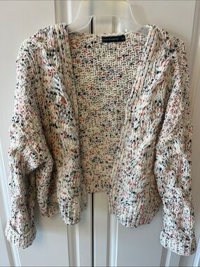 moon & madison Cream Speckled Open-Front Knit Cardigan with Pink & Black Flecks